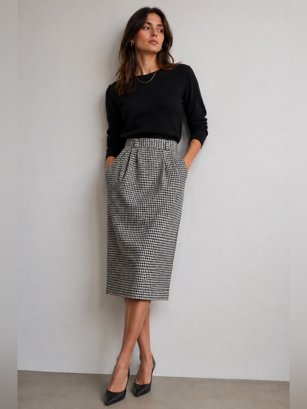 Vintage Norton McNaughton Houndstooth Pencil Midi Skirt Pockets Lined Size M
